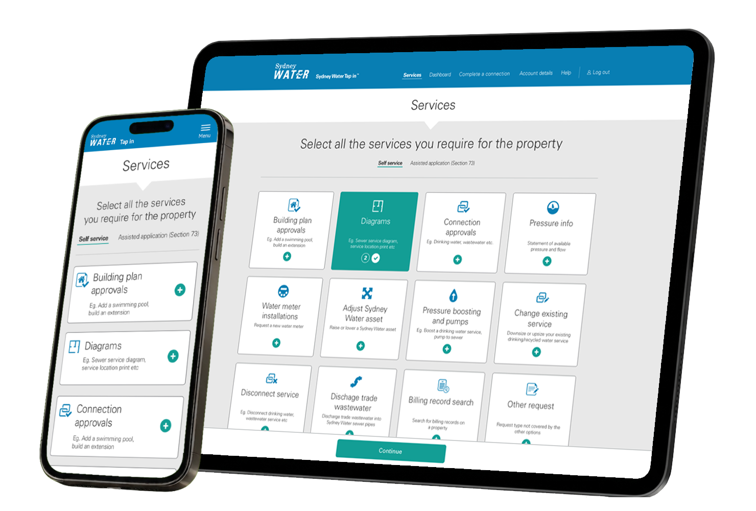 Sydney Water services experience shown across mobile and desktop